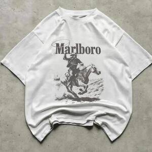 Gildan Men White T-Shirt, White Marlboro Cowboy Tee With Black Graphic